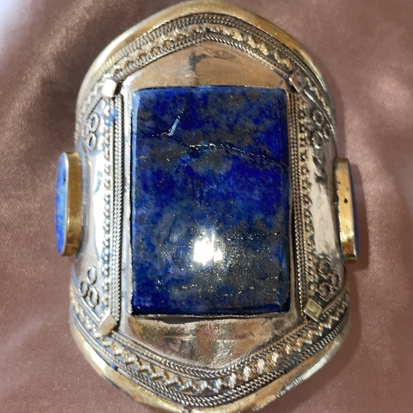 Tribal Lapis Lazuli Lajward Blue 3 Stone Cuff Southwestern Adjustable Cuff - Picture 8 of 12